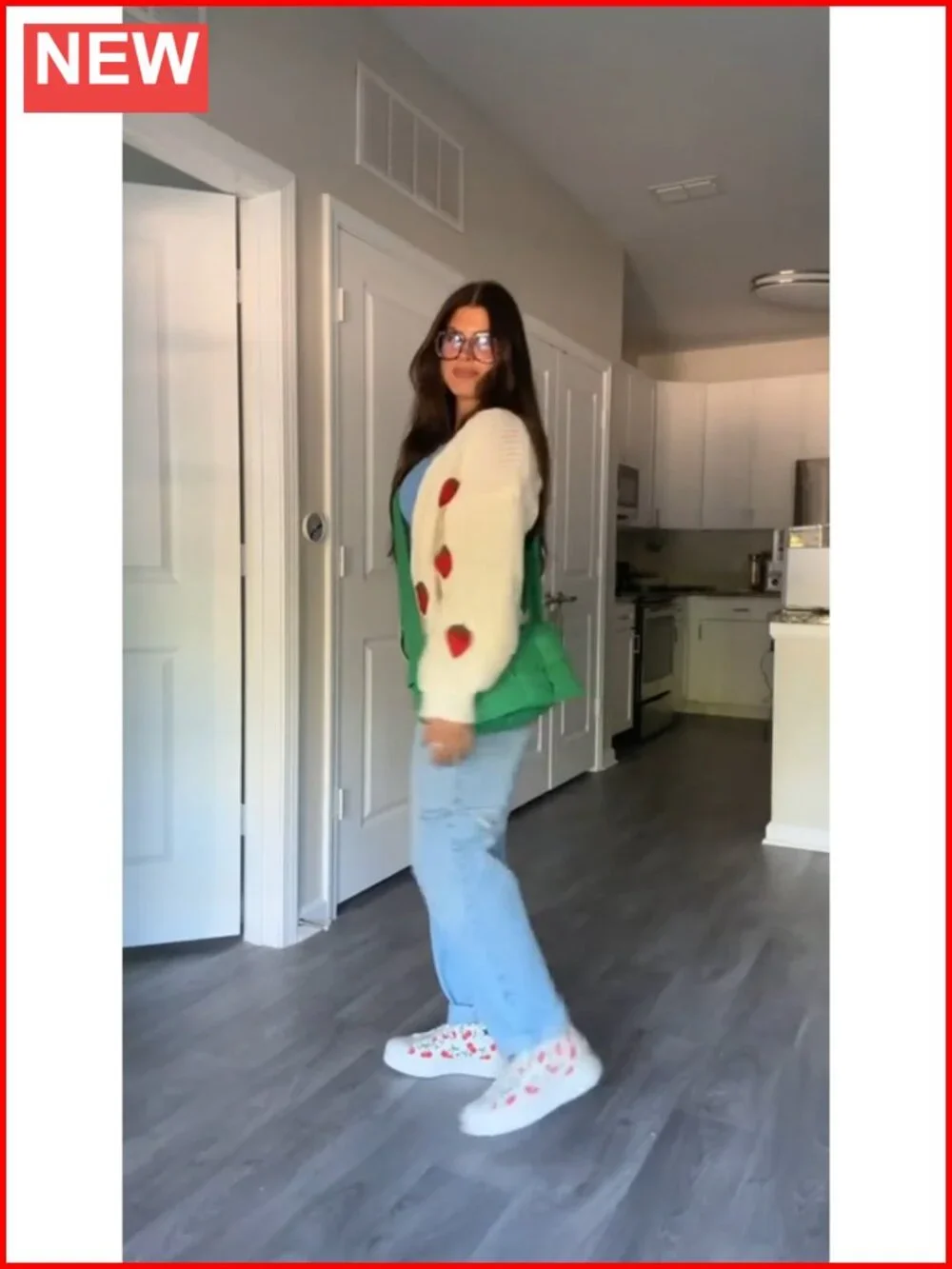 Strawberry Embroidered Chunky Knit V Neck Cardigan Button Down Women's